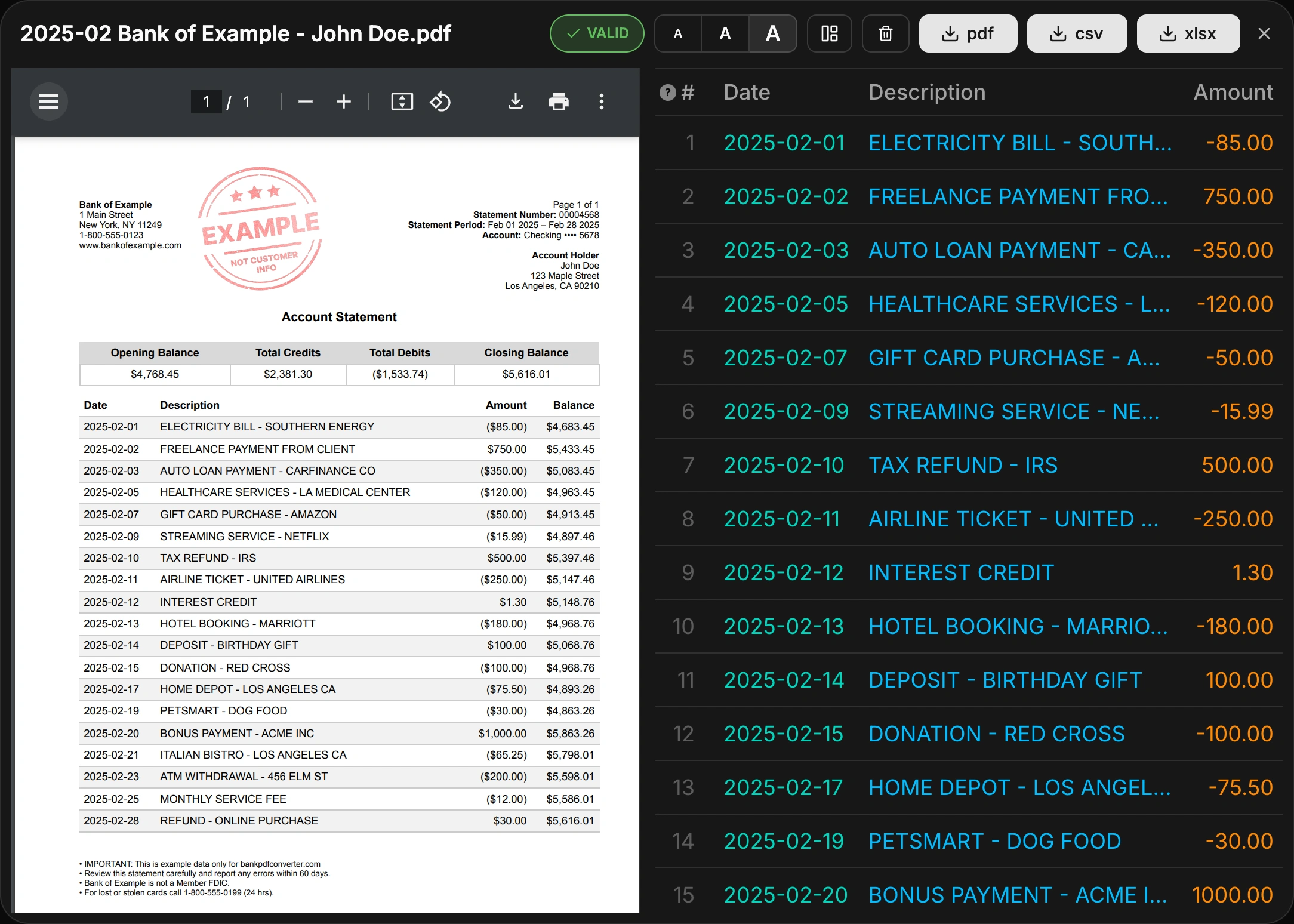 Quick Compare showing a closer view of a bank statement PDF beside its extracted dates, descriptions, and amounts.